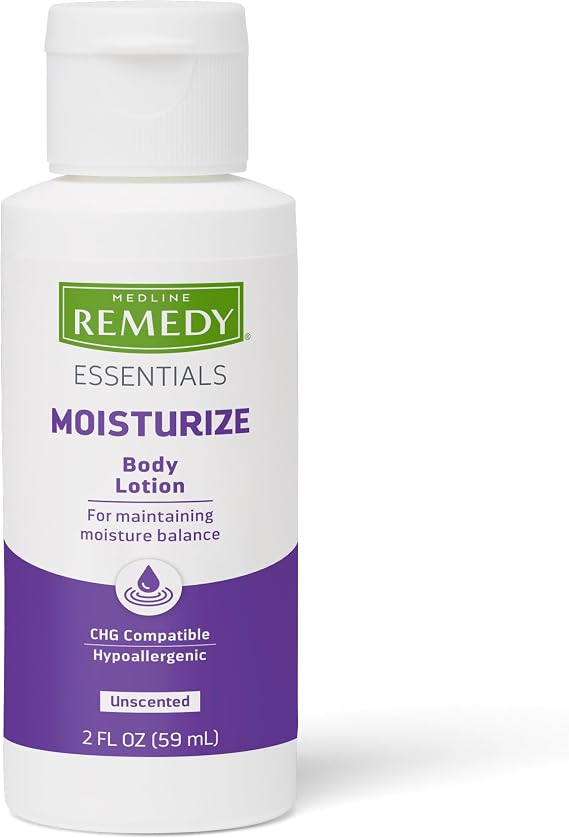Medline Remedy Essentials Moisturizing Body Lotion (2 oz Bottle), Unscented, Travel-Size, Hydrating, Non-Greasy, For Dry Skin, Hypoallergenic, Men, Women, Elderly