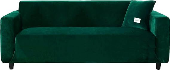 Stretch Sofa Slipcover, Soft Velvet Sofa Couch Covers with Pillowcase Furniture Protector for Pets Kids (Small, Dark Green)