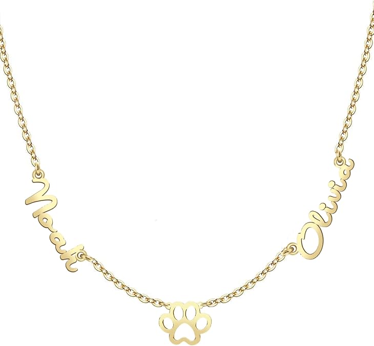 JEWEE DIAMOND Personalized Multi Name Necklace with Paw - 14k Gold or Silver options, Custom Engraved Dog Paw Pendant, Engrave Letter on Paw for Pet Lover Jewelry Gift