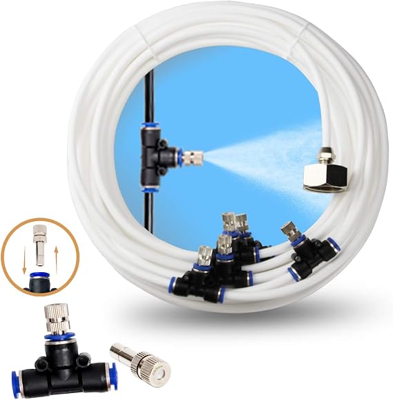 Misting Cooling System 50ft(15M) Misting Line 12 Stainless Steel Mist Nozzles 1/4" Outdoor Cool Mister for Patio Garden Umbrellas Greenhouse Fan Trampoline Waterpark - White Pipe