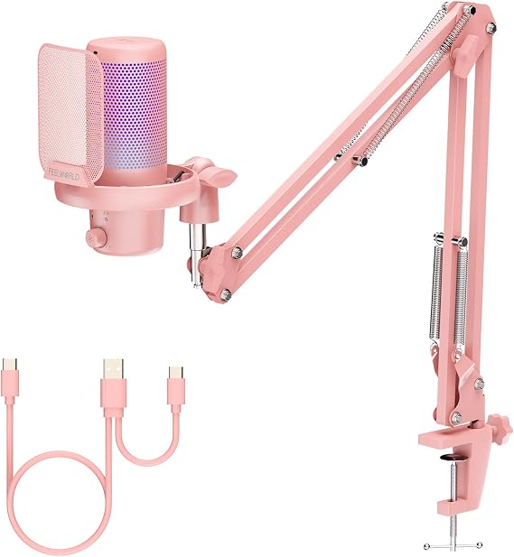 FEELWORLD VM1 Pink USB Gaming Condenser Microphone for pc, Boom Arm Stand