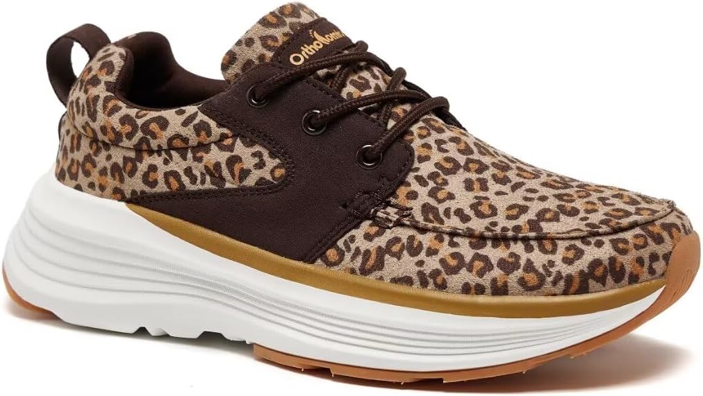 Womens Orthopedic Walking Sneakers for Plantar Fasciitis: Stylish Supportive Canvas Shoe for Relieve Foot Pain, Soft Rebound Cushioned Diabetic Shoes Add Height Leopard Size 11