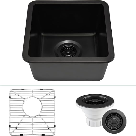 15" x 15" Quartz Kitchen Sink, Single Bowl Kitchen Sinks, Drop-in, Undermount Sink, Granite Composite Galaxy Black Kitchen Sink, Includes Grid, Strainer, Flange, LP-1515-K
