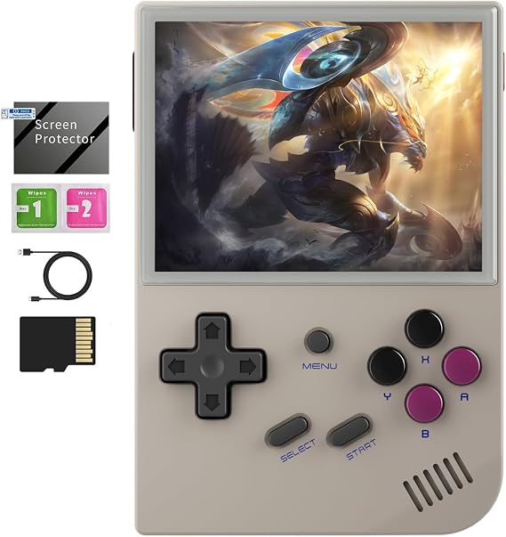 RG35XX 2024 Retro Game Console with 64GB Card rg35xx Handheld Game Console 3.5" IPS Screen Linux System Classic Emulator Handheld Game Console Support HDMI TV Output Gray