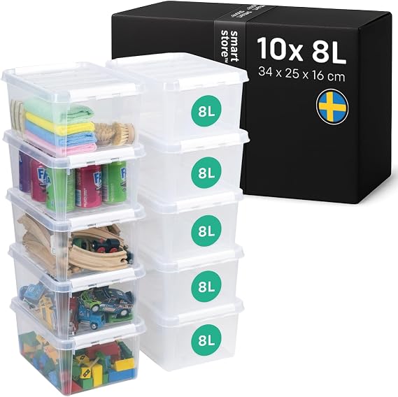 SmartStore - 10x Plastic Storage Box with Lid Classic 8L (34x25x16cm) |Plastic Storage Drawers with Lid|Food-Safe Material|Kitchen & Organisation|Durable Container for Home & Office|
