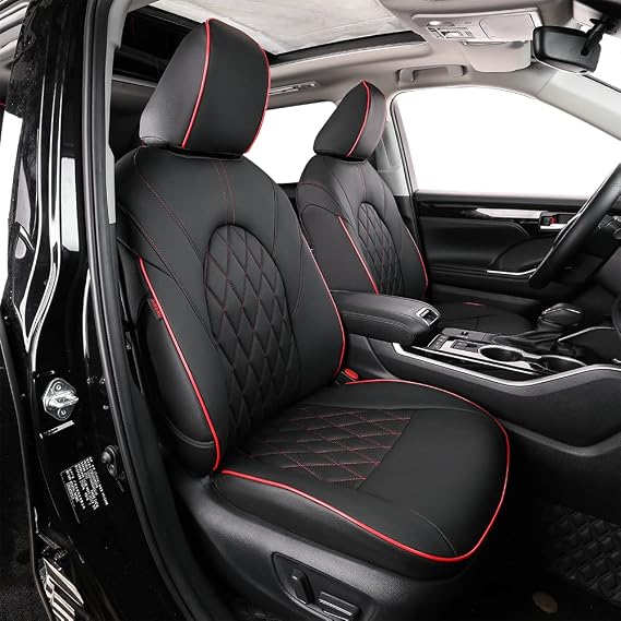 EKR Car Seat Covers for Toyota Highlander 2020-2026 8 Seats,Full Set | Custom Fit for Toyota Highlander 2020-2026,(2nd Row 40/60 Split)Full Wrap-Faux Leather(Black with Red Trim)