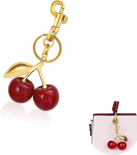 Cherry Keychain for Women,Cherry Bag Pendan Bag Accessories Cute Resin Cherry Bags Charm with Gold Accents,Handbag Purse Accessories,Car Keyring,Phone Charm,Gift for Her