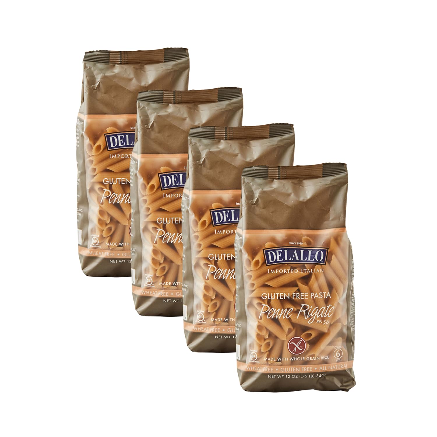 DeLallo Gluten-Free Brown Rice Penne Pasta, Non-GMO, Made in Italy, Kosher, All Natural, Tree-Nut Free,12 oz Bag, 4 Pack