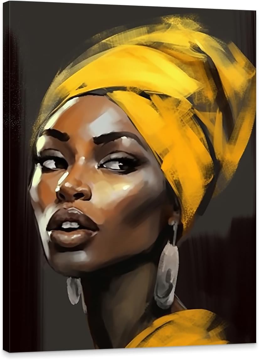 DOARTDO African American Canvas Wall Art Abstract Black Woman Art Yellow Hair Black Girl Painting Woman Portrait Picturefor Living Room Bedroom Decor 12x18inch