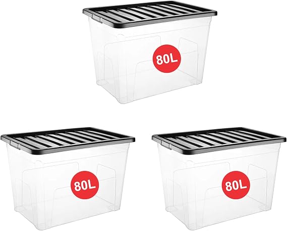 RelianceUK 3 X 80L Plastic Storage Boxes with Black Lid - (80 Litre / 3 Pack) Nestable, Stackable, Durable Clear Storage Boxes with Lids for Home Office Kitchen - Made in U.K. Storage Containers