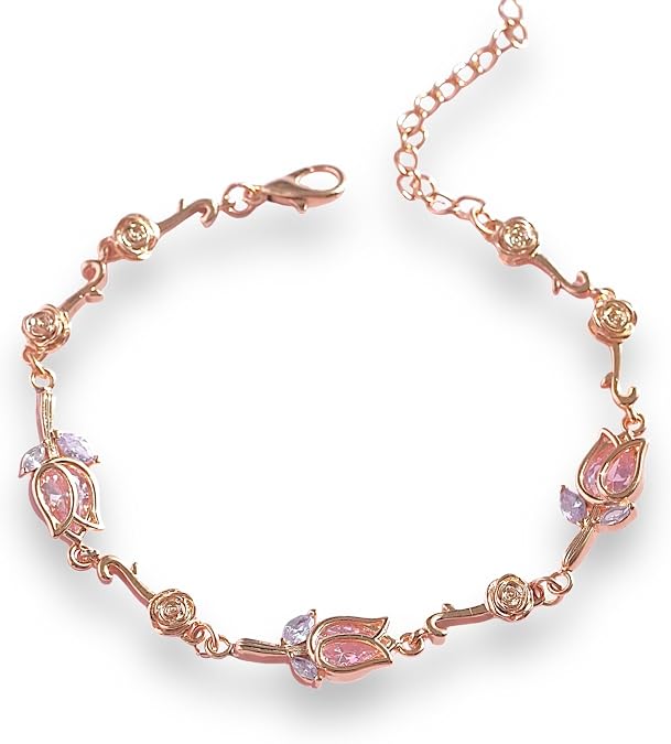 Elegant Tulip Bracelet - Pink Stone Tulips & Rose Accents - Delicate Floral Design - Adjustable Brass Bracelet