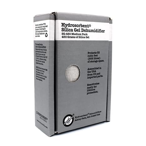 HYDROSORBENT Gun Safe Dehumidifier Rechargeable Silica Gel 450 Gram Carton. Moisture Absorber. Reusable Desiccant Dehumidifier for Gun Safe Made in USA Silica Gel Desiccant. 1 Unit - SG450