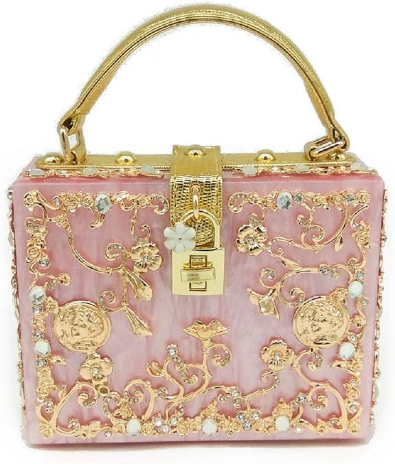 Boutique De FGG Small Acrylic Shoulder Bag for Women,Designer Flower Crossbody Totes Bag,Rhinestones Evening Box Handbags