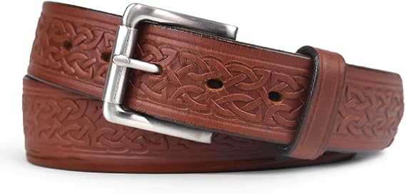 Full-Grain Leather Gun Belt - 1.5 Wide Brown Celtic Pattern EDC CCW Concealed Carry
