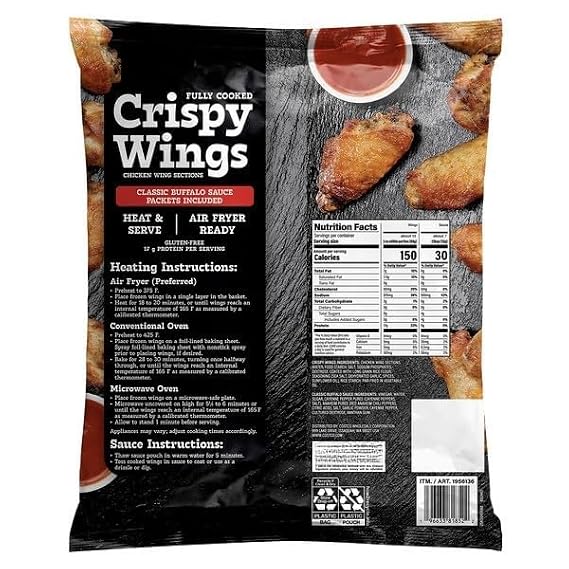 Crispy Chicken Wings with Classic Buffalo Sauce, Fully Cooked Frozen Wings, Spicy & Tangy Flavor, Delicious chicken wings with a crispy texture and coated in classic buffalo sauce for the perfect spicy kick, Fully cooked wingsjust bake, air fry, or microwave for a quick and easy meal or snack. Ready to Heat, Party Size [ 64 oz , 4 lb ]