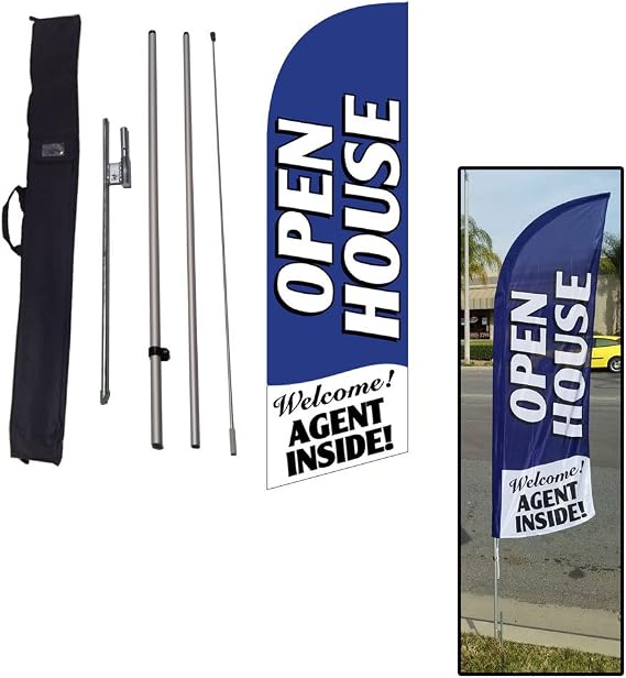 Open House Blue Feather Flag Sign for Real Estate, Advertising Feather Banner Flag with 8 foot Flag Pole Kit, Ground Stake, and Travel Bag, Signs for Agents (FFN-9000)
