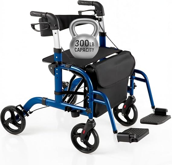 Vive Walker Wheelchair Combo - Rollator Transport Chair for Seniors