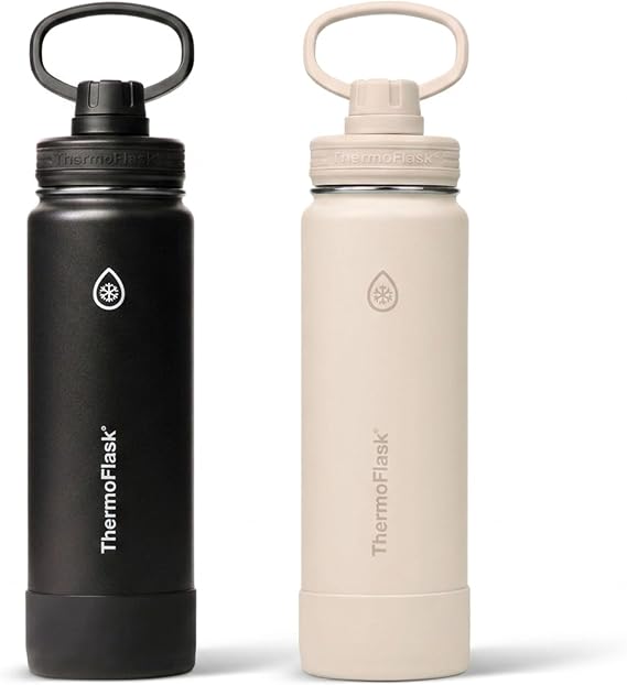 ThermoFlask Insulated Water Bottles, Spout Lid, 2-Pk, 24 oz, Black/Sand