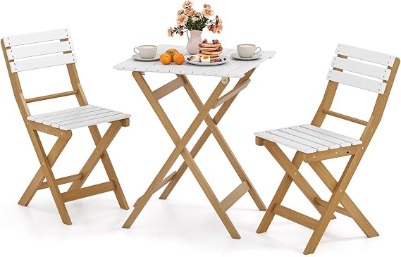 Tagnkula 3 Piece Folding Outdoor Patio Bistro Set, Space Saving Foldable Acacia Wood Porch Chairs and Square Table for Garden, Backyard and Poolside