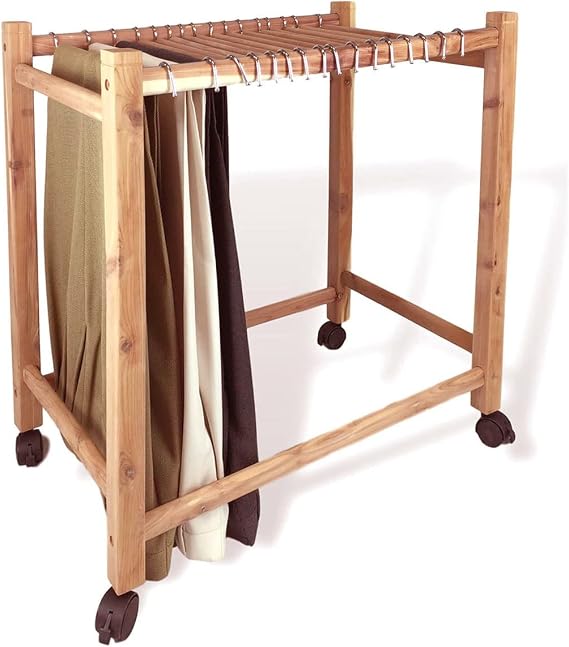 Cedar Elements Aromatic Red Cedar Rolling Pant Trolley/Trouser Rack with 16 Aromatic Cedar Hanging Rods and Four Rolling Wheels 17.5 x 29 x 27