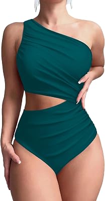 Fanuerg Womens One Shoulder One Piece Swimsuit Tummy Control Bathing Suits Sexy Cut Out Swimwear
