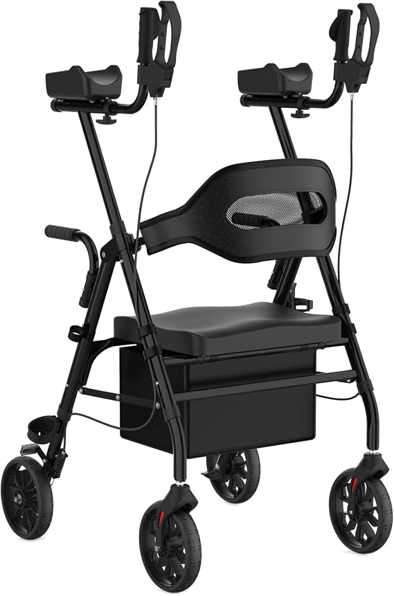 Upright Rollator Walker, Heavy Duty Stand Up Walkers for Seniors with Seat and Reversible Backrest, Foldable Standing Rollator with 8" Anti-Slip PU Wheels, Black