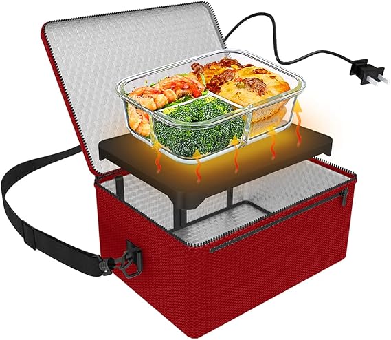 Portable Oven, 110V Portable Food Warmer Personal Portable Oven Mini Electric Heated Lunch Box for Reheating & Raw Food Cooking in Office, Travel, Potlucks and Home Kitchen (Red)