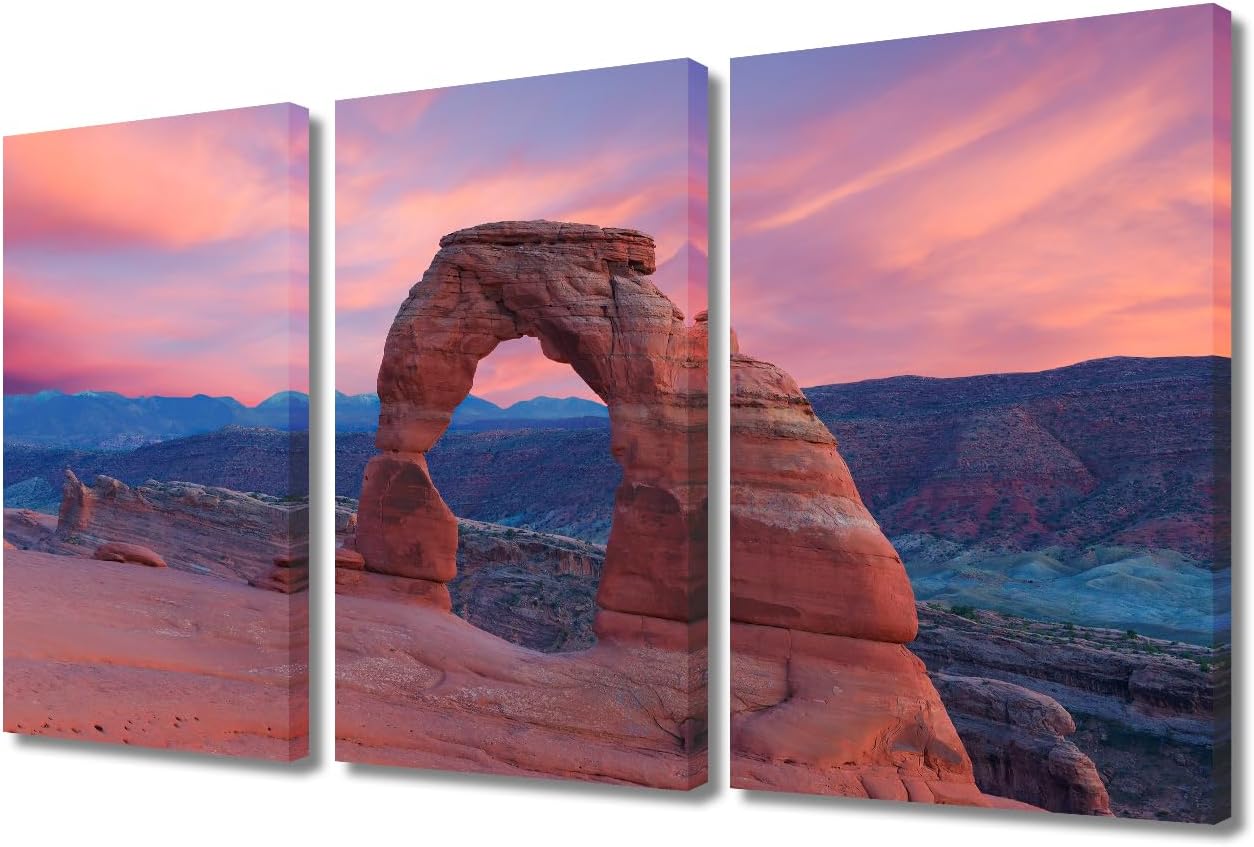 TUMOVO Arches National Park Wall Art Delicate Arches at Sunset Pictures for Bedroom Artwork for Home Walls 3 Panel Utah, USA Wall Painting Home Decor Framed Ready to Hang (36" Wx24''H)