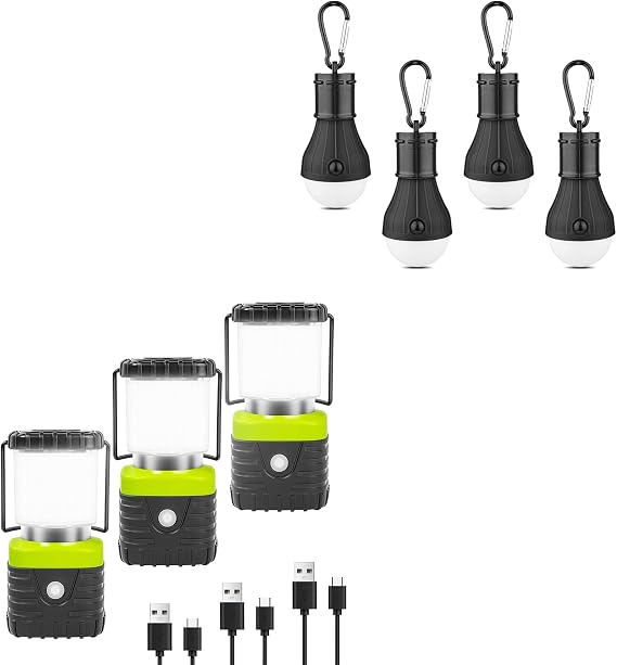 3Packs Rechargeable 1000LM, 4500mAh Power Bank & 4 Packs, Black LED Camping Tent Lantern Battery Powered with Clip Hook