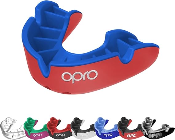 OPRO Silver Level Moldable Mouth Guard Essential Fit (Red/Dark Blue) Adult & Kids Boxing Mouthguard for MMA & Impact Sports, Self-Fit Mouth Guard for Sports, Football & Hockey - Includes Case