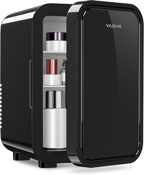 YASHE Mini Fridge, 6 Liter/8 Can 220-240V AC/DC Portable Thermoelectric Cooler Refrigerators for Bedroom, Skincare, Beverage, Office, Dorm Room and Car, Black