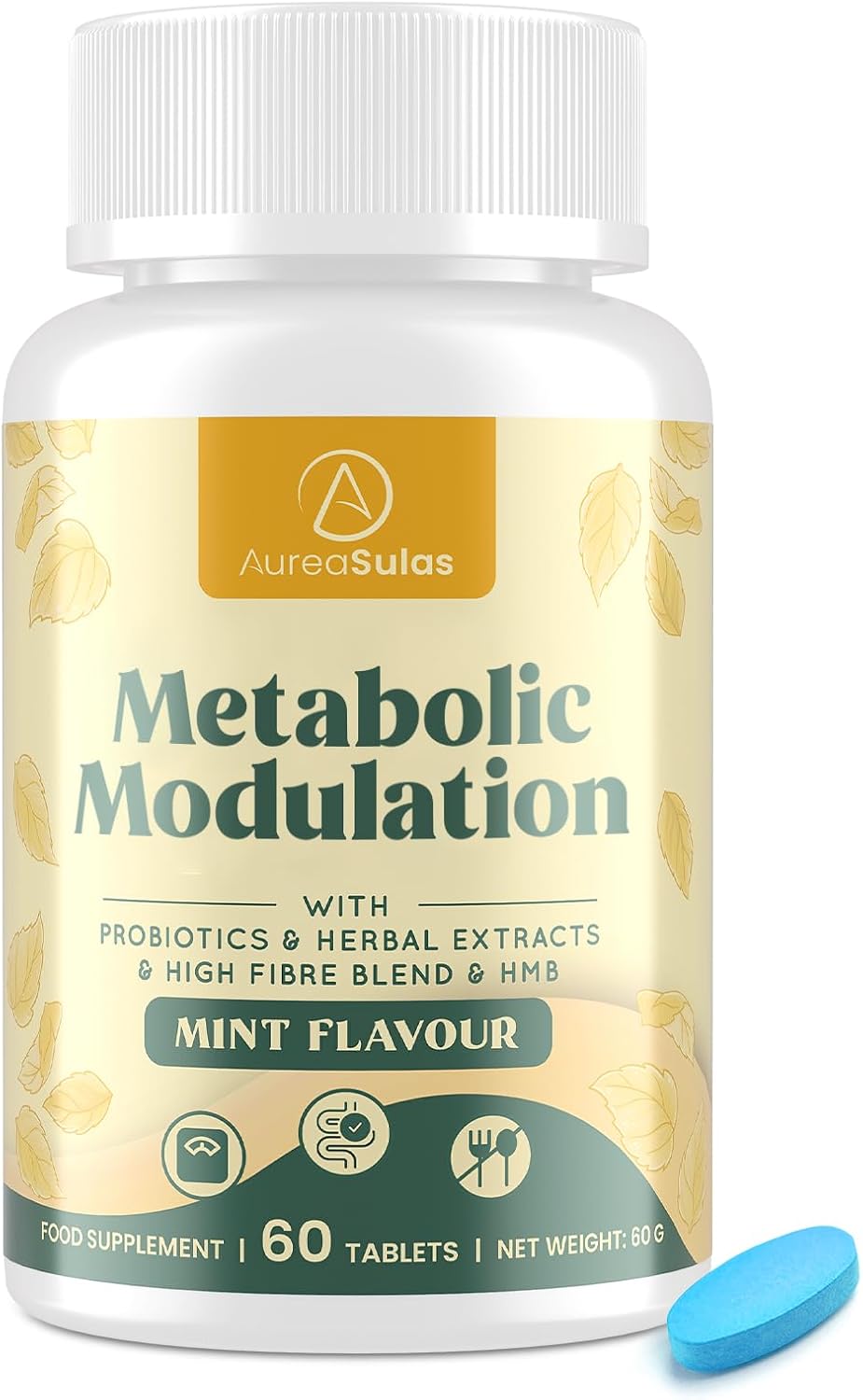 Probiotic & Botanical Fibre Tablets for Gut Health & Digestion, 100 Billion CFU, Prebiotic Fibre, Natural Digestive Support with HMB, Green Tea & Ginger Extracts, Mint Flavour, Vegan, 60 Tablets