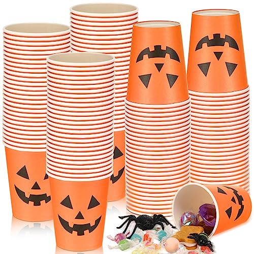 Bokon 100 Pcs Halloween Disposable Cups 9 oz Paper Snack Cups with Jack Olantern Orange Pumpkin Face Design for Halloween Treats Snacks Cupcakes Party Favor