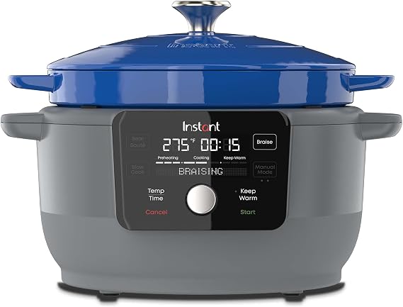 Instant Electric Round Dutch Oven, 6-Quart 1500W, From the Makers of Instant Pot, 5-in-1: Braise, Slow Cook, Sear/Saute, Cooking Pan, Food Warmer, Enameled Cast Iron, Included Recipe Book, Blue