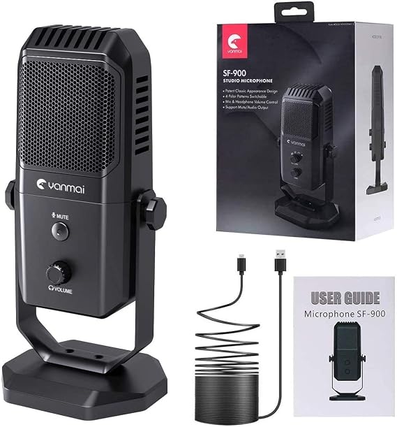 Coverzone Yanmai Profesyonel USB Condenser Mikrofon – 4 Yönlü Direktif, 20Hz-20KHz Frekans, Kulaklık Çıkışı, Tek Tuş Sessize Alma, Ses Ayarı, 15mm Stand Uyumlu SF-900