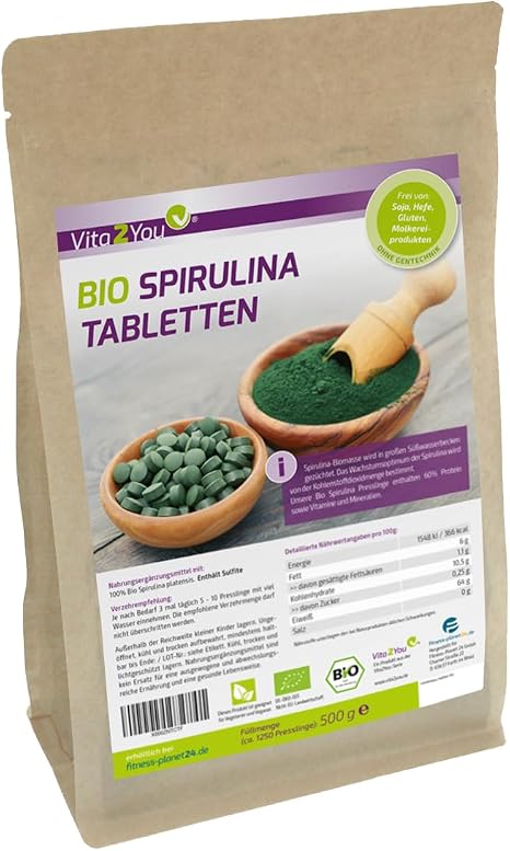 Vita2You Organic Spirulina Tablets 500 g 400 mg per Tablet Approx. 1250 Algae Pellets From Organic Cultivation Raw Food in Zip Bag