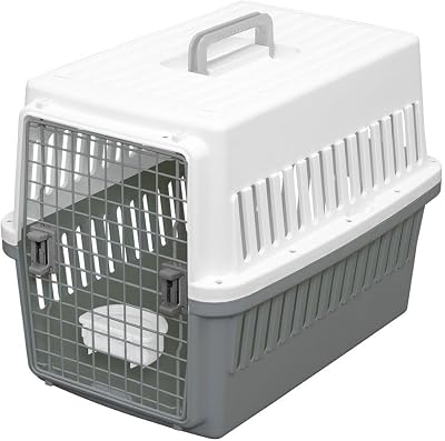 Iris Ohyama, Pet CarrierTransport Box, Removable Door with Right and Left latches, nestable, Bowl Included, for cat & Dog max 20 kg - Air Travel Carry ATC-670 - Grey