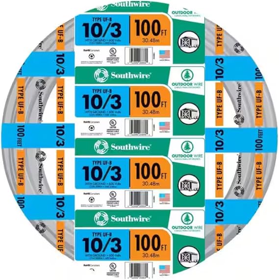 Southwire 13059123 Romex SIMpull 10/3Uf-W/Gx100 Type Uf-B Building Wire, 10/3, 100 Ft, Pvc, Feet, Gray