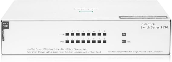 HPE Networking Instant On Switch Series 1430 8-Port Gb Unmanaged Layer 2 Ethernet Switch with PoE | 8X 1G | 8X CL4 PoE (64W) | Fan-Less | US Cord (R8R46A#ABA)