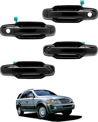 Exterior Door Handle Set (4PCS), Compatible with 2003-2009 Kia Sorento, Outside Black Front & Rear Driver & Passenger Side, OE# 826603E010, 826603E020, 826503E000, 826603E000, Outer handle w/ Keyhole