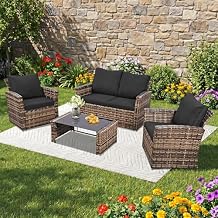 FHFO 4 Piece Patio Furniture Set, Wicker Outdoor Conversation Furniture Set, All Weather Patio Sofa Couch with Cushion & Glass Table, Yellow/Black