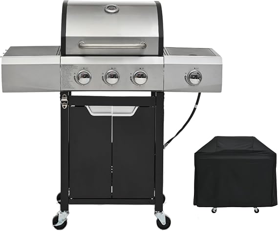 3-Burners Propane Gas Grill Outdoor with Side Burner & Thermometer, Stainless Steel Propane Grill with Cover for Outdoor BBQ, Patio Backyard Barbecue, 40500 BTU Output