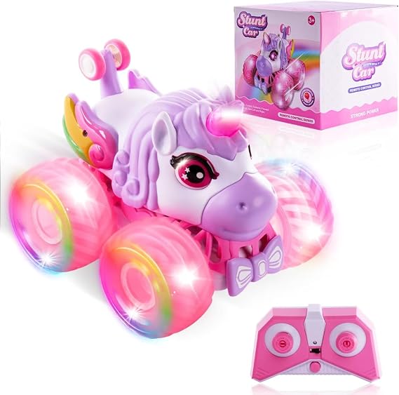 Pink RC Car for Girls, 2.4GHz 4WD Remote Control Stunt Car with LED Lights & Music, 360° Double Sided Off Road RC Toy, All Terrain Car Gift for Kids (Unicorn)