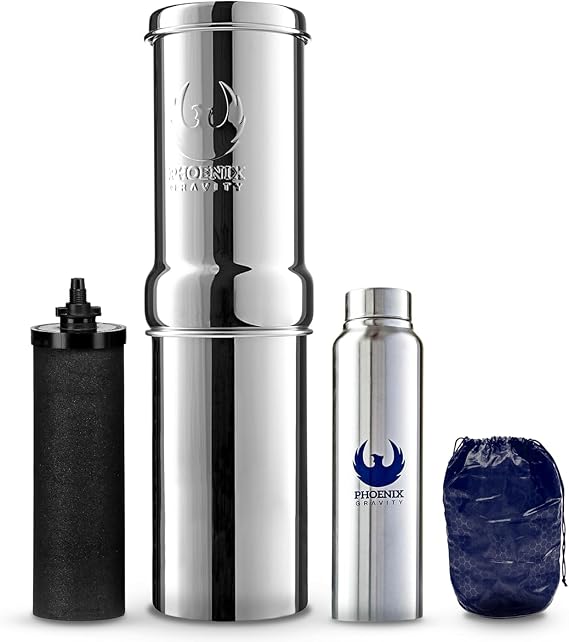 PHOENIX GRAVITY 1-Liter Gravity Water Filter System NSF/ANSI 42 & 372 Certified with 1 Smart (Black) Carbon Filter Cartridge & Water Bottle | Travel Friendly Camping, Home or Outdoor Use