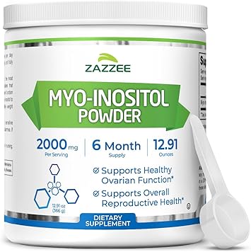 Zazzee Myo-Inositol Powder, 6 Month Supply, 183 Servings, 2000 mg per Serving, Free Scoop for Exact Dosage, 12.91 Ounces, Certified Kosher, 100% Pure, Fertility &amp; Reproductive Support, Made in the USA