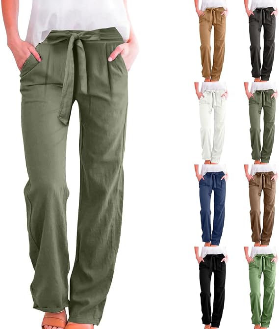 Gumipy Wide Leg Dress Pants for Women Casual High Waisted Linen Pants Tie Knot Lounge Pants with Pockets Business Trousers
