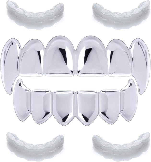 Metaltree98 Vampire GRILLZ SET Fangs Silver Plated Top & Bottom Teeth Fang Dracula LS 020 S