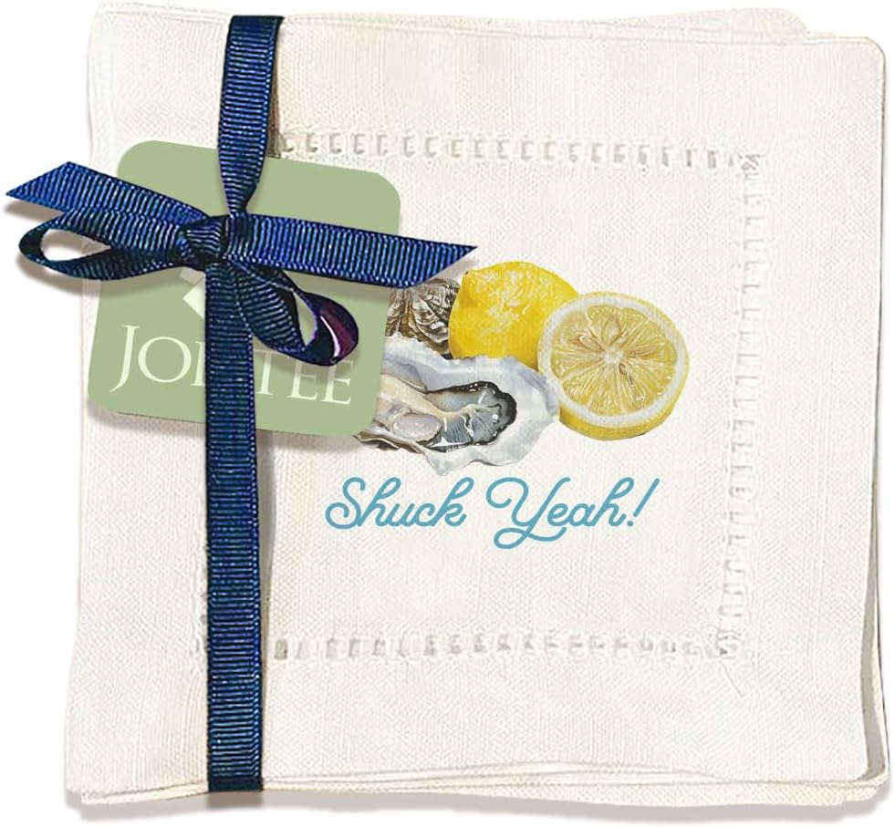 Jolitee Decorative Hemstitch Cocktail Napkins, 6"x6" Washable Linen-Like Cloth Napkins, Handmade for Entertaining and Everyday Use (Shuck Yeah)