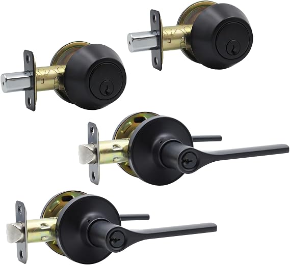 Entry Door Lock Set and Single Cylinder Deadbolt Combo,Keyed Alike Combination Sets Door Locksets, Matte Black Front Door Handle and Deadbolt Set (2 Pack)