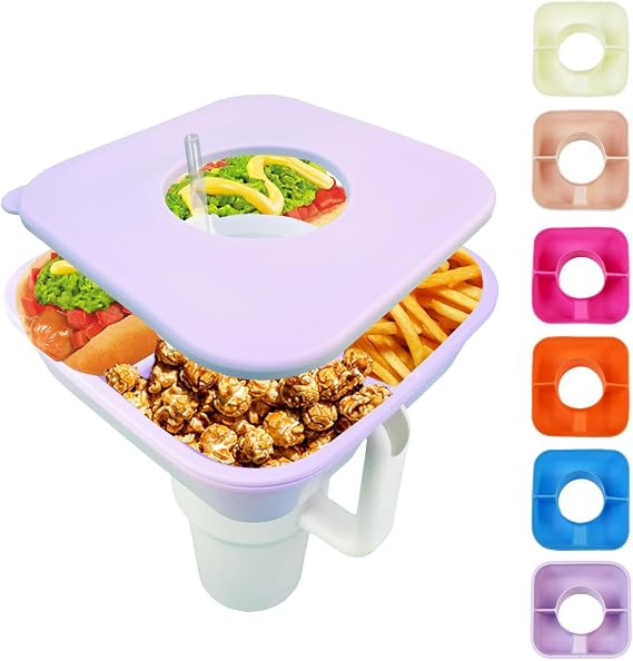 Snack Bowl for Stanley Cup 40 oz Tumbler, Reusable Snack Tray with Lid, Snacks Ring, Silicone Food Holder for Stanley Cup Accessories (Purple)